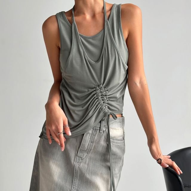 SeoulPop-Mock Two-Piece Halter Plain Drawstring Tank Top