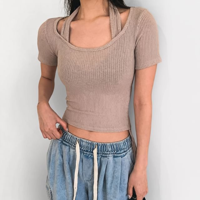SeoulPop-Mock Two-Piece Short-Sleeve Halter Plain Drawstring Cropped Knit Top
