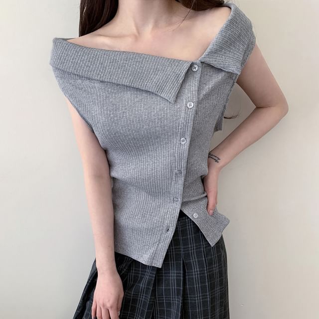 SeoulPop-Off-Shoulder Plain Asymmetrical Button Knit Top