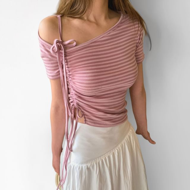 SeoulPop-One-Shoulder Ruched Drawstring Side-Tie Striped Tee