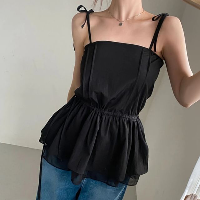 SeoulPop-Panel Mesh Drawstring Spaghetti-Strap Dress