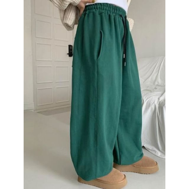SeoulPop-Plain Drawstring Gathered Cuff Sweatpants