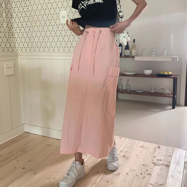 SeoulPop-Plain Drawstring Shift Cargo Skirt