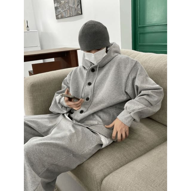 SeoulPop-Plain Hooded Buttoned Cardigan