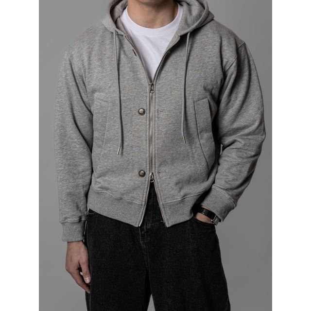 SeoulPop-Plain Hooded Drawstring Zip Jacket