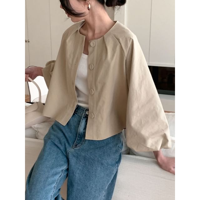 SeoulPop-Plain Round-Neck Lantern-Sleeve Cropped Jacket