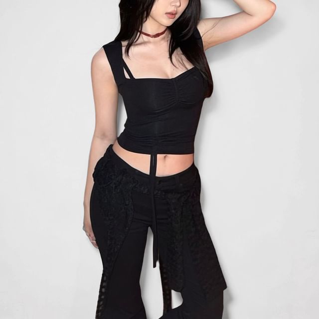 SeoulPop-Plain Ruched Drawstring Camisole Top