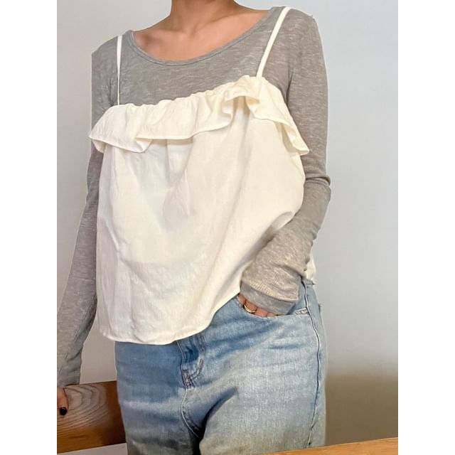 SeoulPop-Plain Ruffle Camisole Top