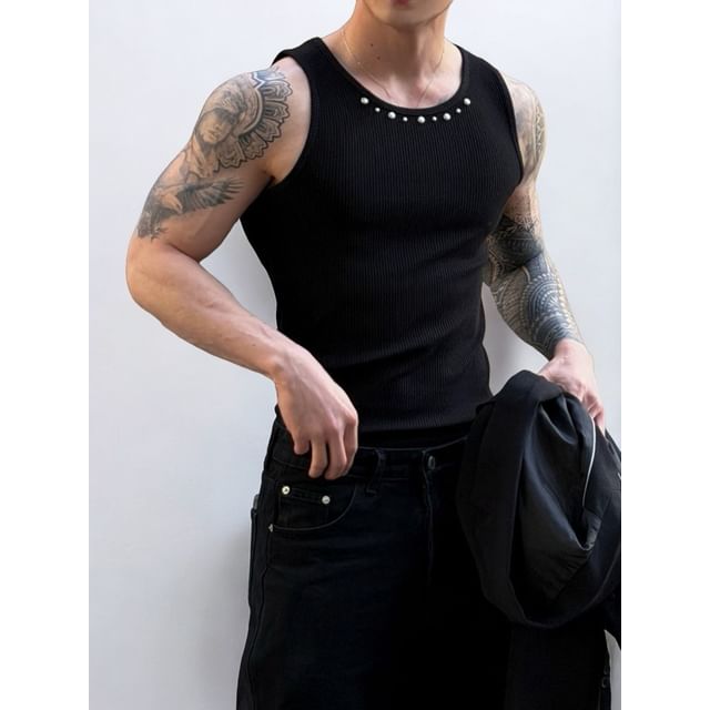 SeoulPop-Plain Studded Tank Top