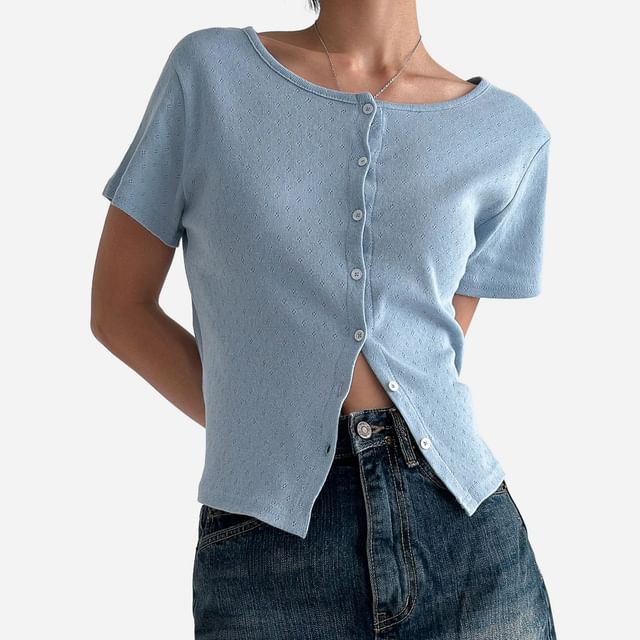 SeoulPop-Pointelle Knit Button-Up Top