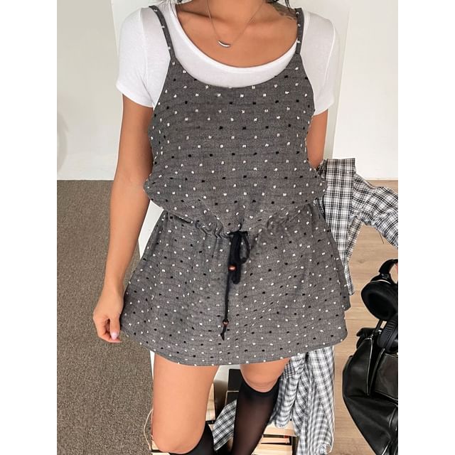 SeoulPop-Polka Dot Drawstring Spaghetti-Strap Dress