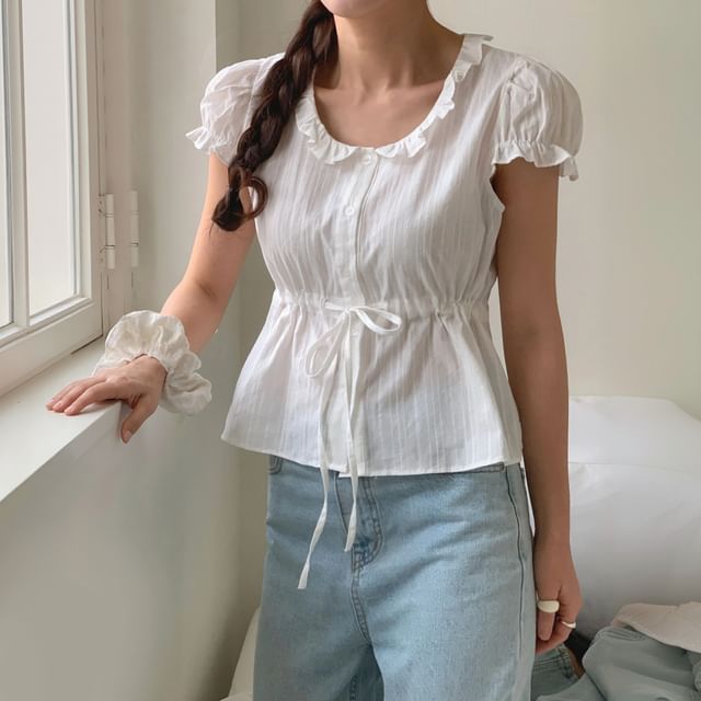 SeoulPop-Puff-Sleeve Plain Drawstring Ruffle Top