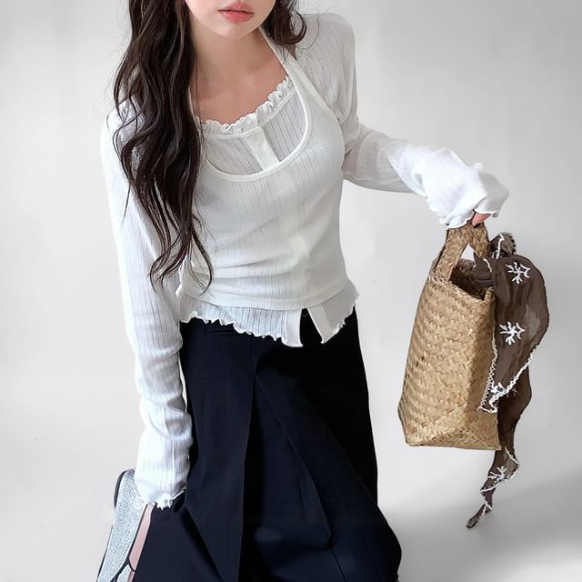 SeoulPop-Set Halter-Neck Plain Top Long-Sleeve Plain Button-Up Lettuce Edge Cardigan