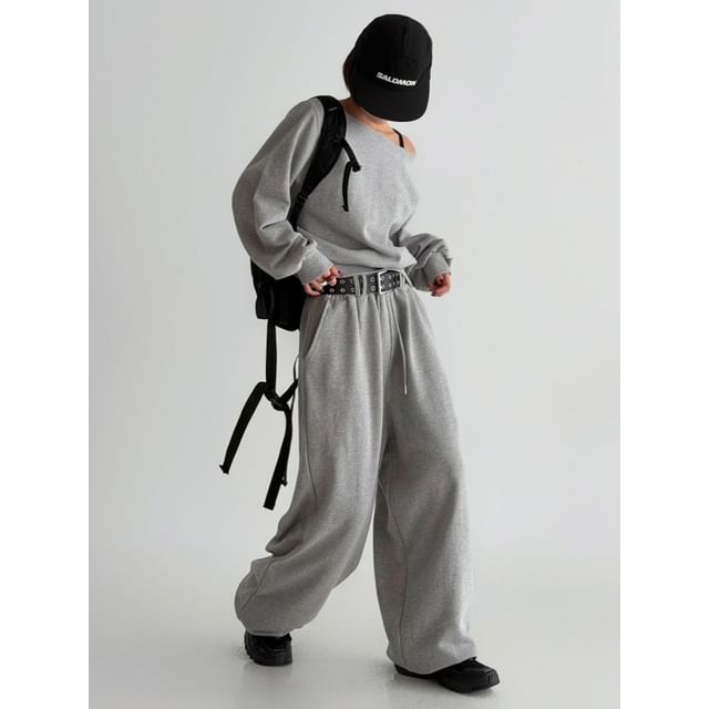 SeoulPop-Set Plain Off-Shoulder Sweatshirt Drawstring Gathered Cuff Sweatpants