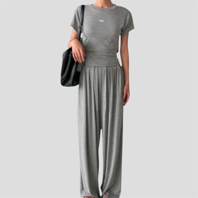 SeoulPop-Set Short-Sleeve Crew Neck Plain Open Back T-Shirt Drawstring Waist Wide Leg Pants