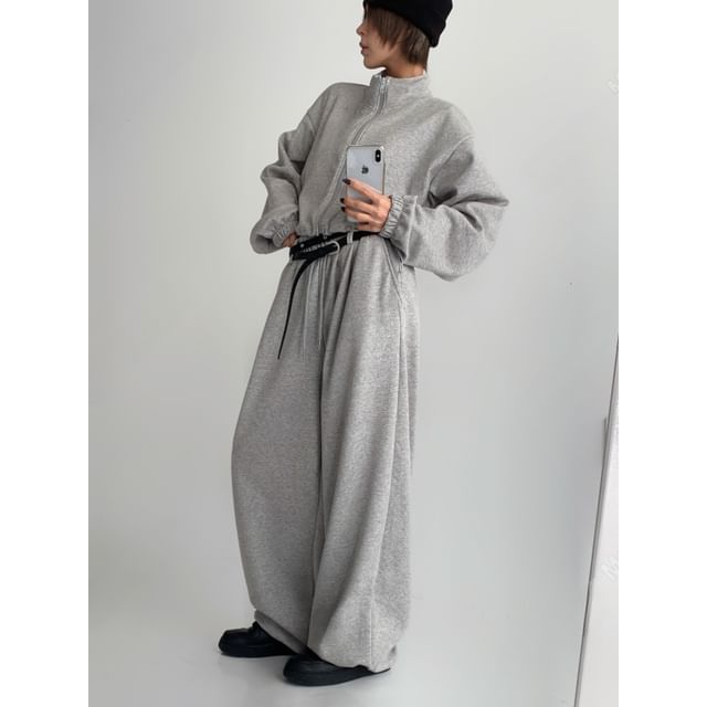 SeoulPop-Set Stand-Collar Plain Cropped Zip Jacket Drawstring Sweatpants