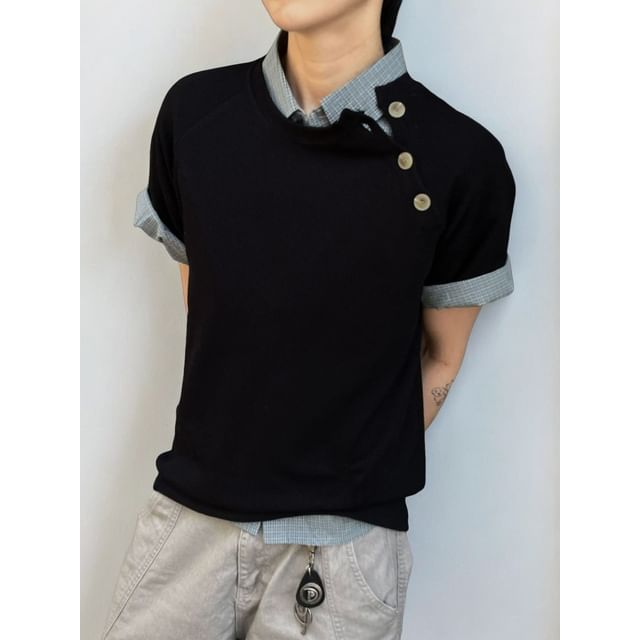 SeoulPop-Short-Sleeve Button-Up Knit Tee