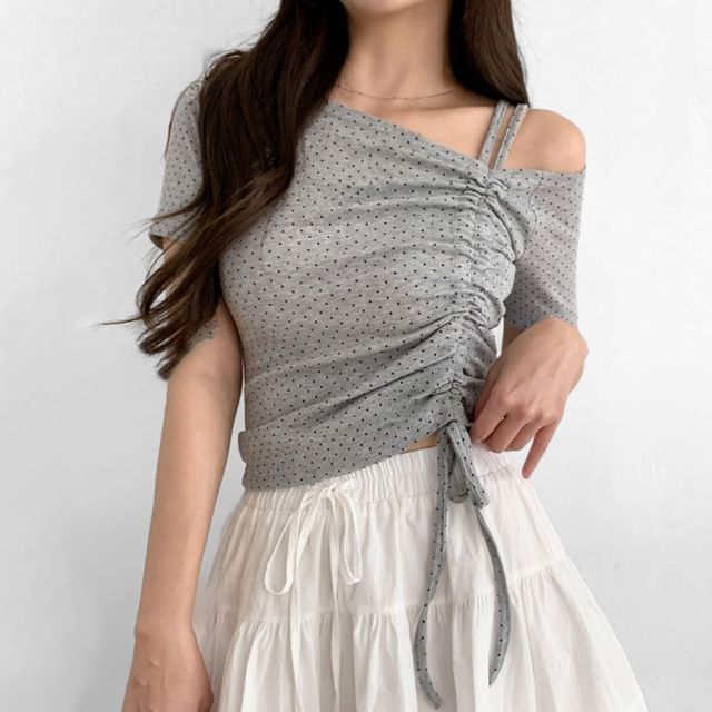 SeoulPop-Short-Sleeve Cold Shoulder Micro Dot Asymmetrical Drawstring Crop T-Shirt