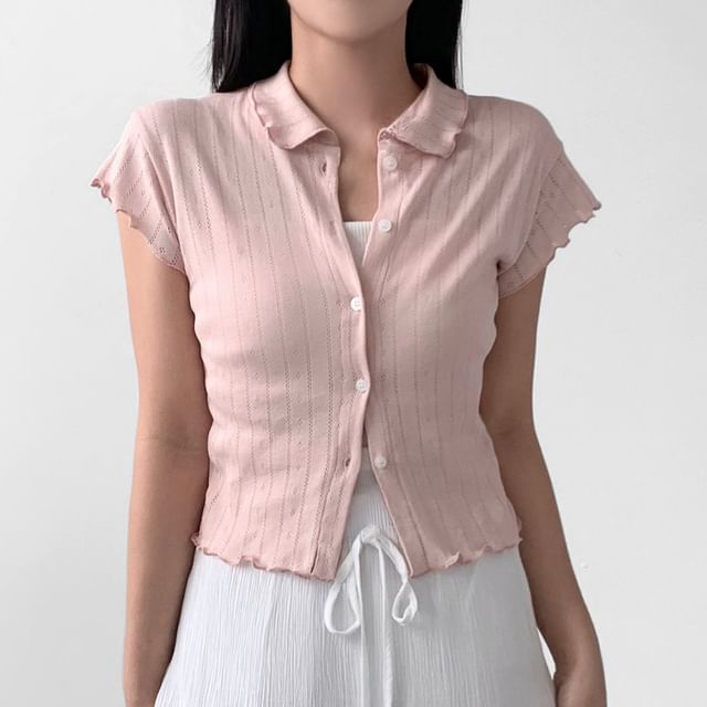SeoulPop-Short-Sleeve Collared Plain Ruffle Trim Button Up Knit Top