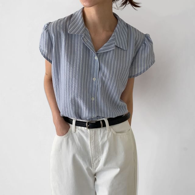 SeoulPop-Short-Sleeve Collared Striped Button-Up Blouse