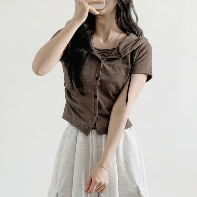 SeoulPop-Short-Sleeve Drawstring Cropped Jacket