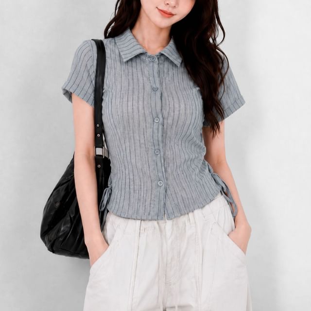 SeoulPop-Short-Sleeve Pinstriped Drawstring-Side Button Up Crop Shirt