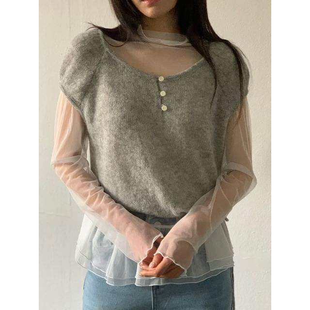 SeoulPop-Short-Sleeve Plain Drawstring Cropped Knit Top