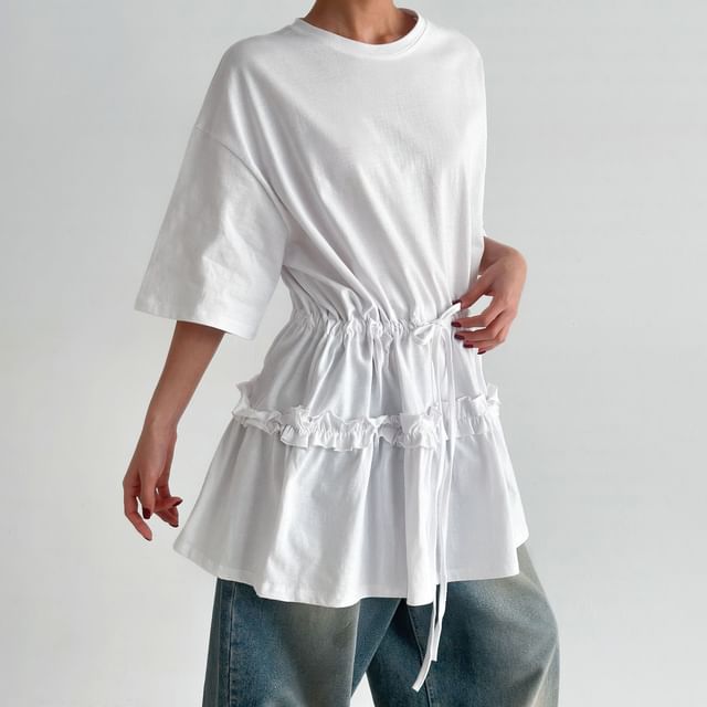 SeoulPop-Short-Sleeve Plain Drawstring Ruffled-Trim Top