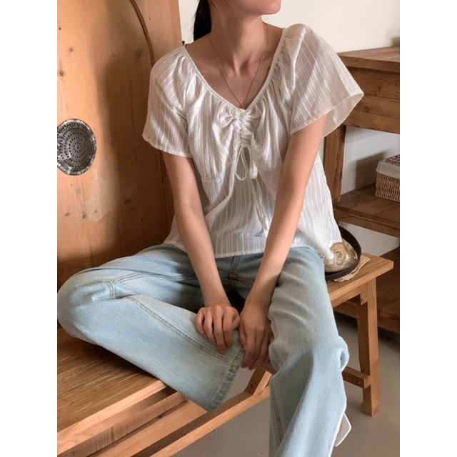 SeoulPop-Short-Sleeve V-Neck Drawstring Blouse