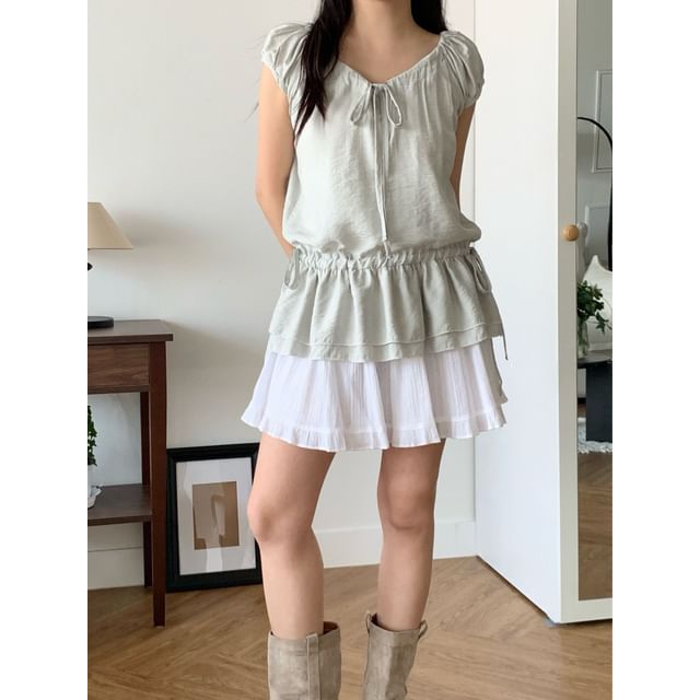 SeoulPop-Short-Sleeve V-Neck Tie-Front Drawstring Blouse