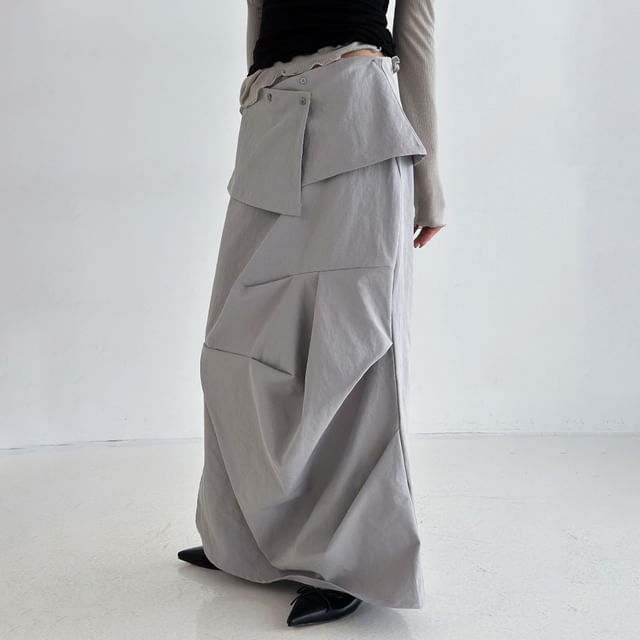 SeoulPop-Side-Zip Plain Panel Asymmetrical Maxi Skirt