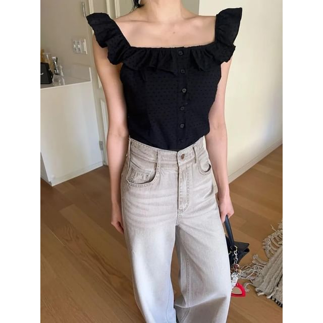 SeoulPop-Sleeveless Ruffler Trim Square-NeckTop