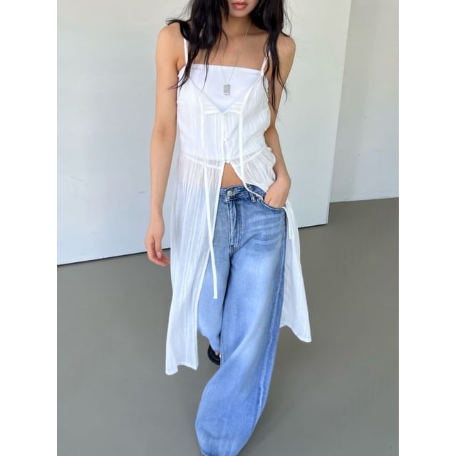 SeoulPop-Spaghetti Strap Button-Up Long Camisole Top