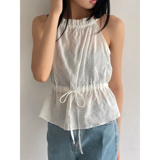 SeoulPop-Spaghetti Strap Halter Plain Textured Drawstring Top