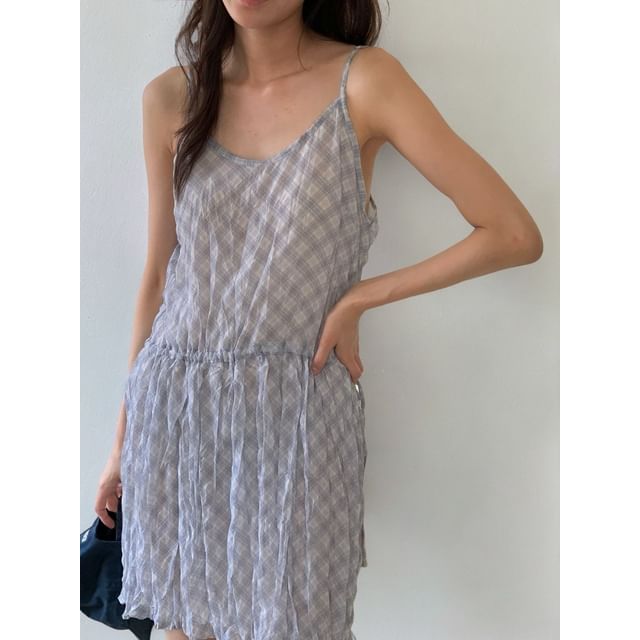 SeoulPop-Spaghetti Strap Plaid Drawstring Dress