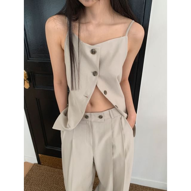 SeoulPop-Spaghetti Strap Plain Button-Up Top
