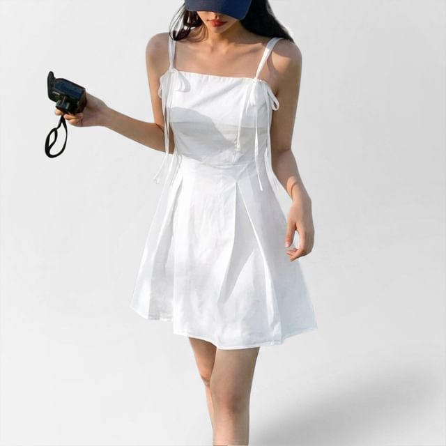 SeoulPop-Spaghetti Strap Plain Drawstring Mini A-Line Dress