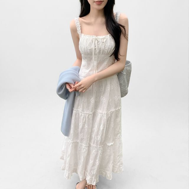 SeoulPop-Spaghetti Strap Square Neck Plain Ruffle Trim Midi A-Line Dress