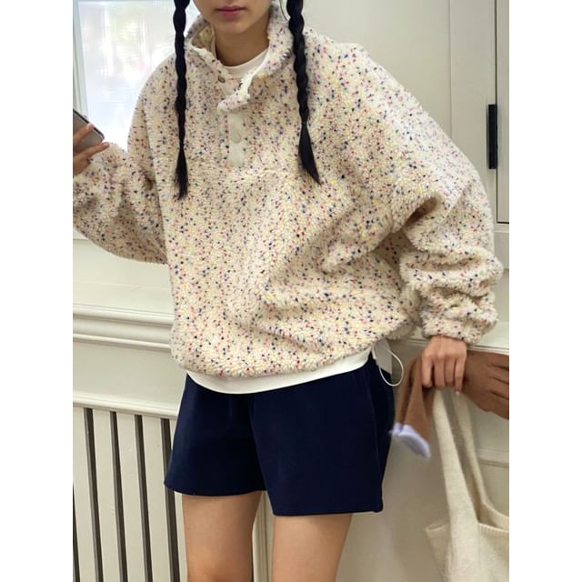 SeoulPop-Stand-Collar Button Chenille Drawstring Top