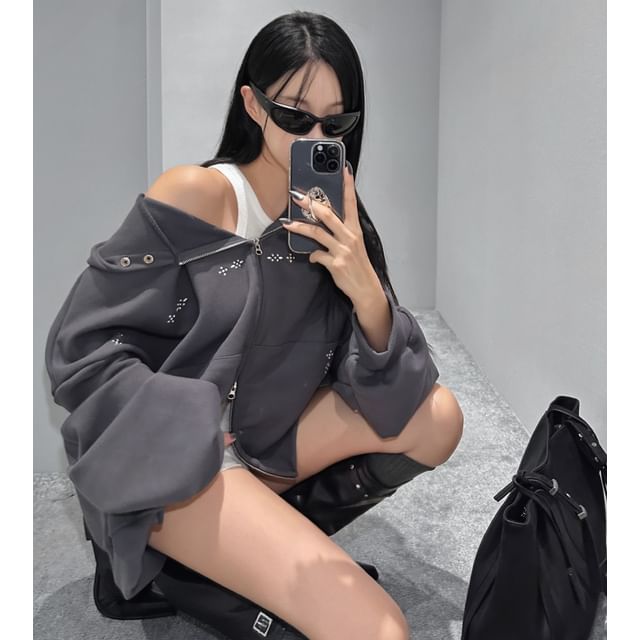 SeoulPop-Studded Hooded Zip-Up Jacket