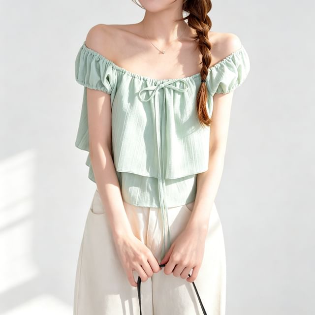 SeoulPop-Tie-String Square Neck Puff Sleeve Crop Top