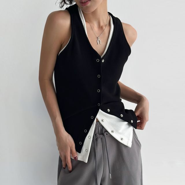 SeoulPop-V-Neck Plain Button Up Tank Top