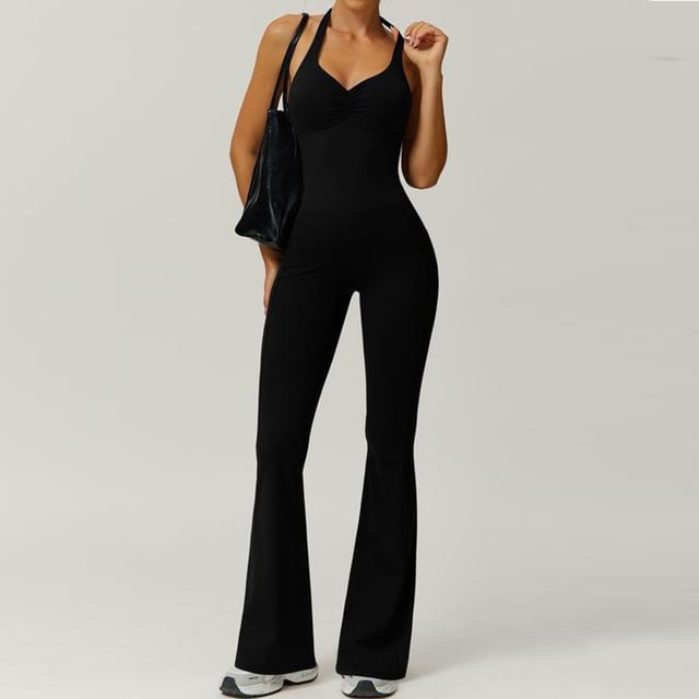 Serendo-Halter Plain Flared Yoga Jumpsuit