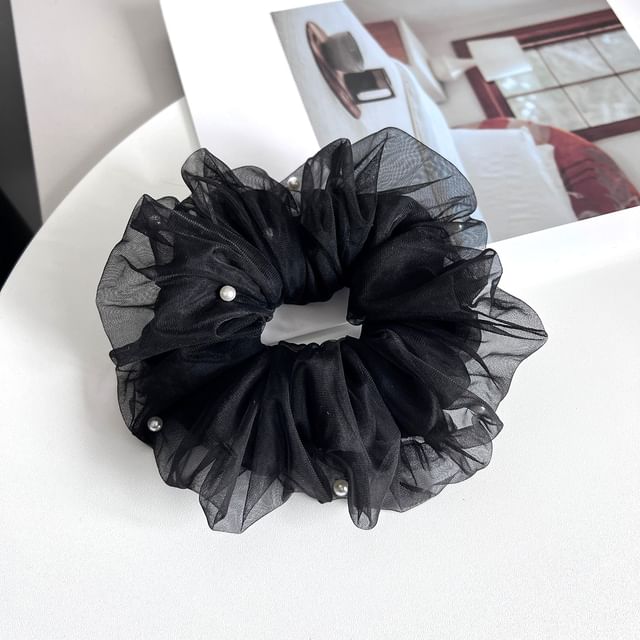 Sesori-Plain Faux Pearl Mesh Scrunchie