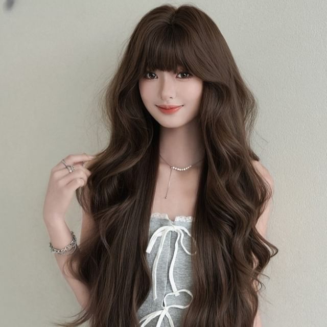 SEVENQ-Long Full Wig - Wavy with Bangs