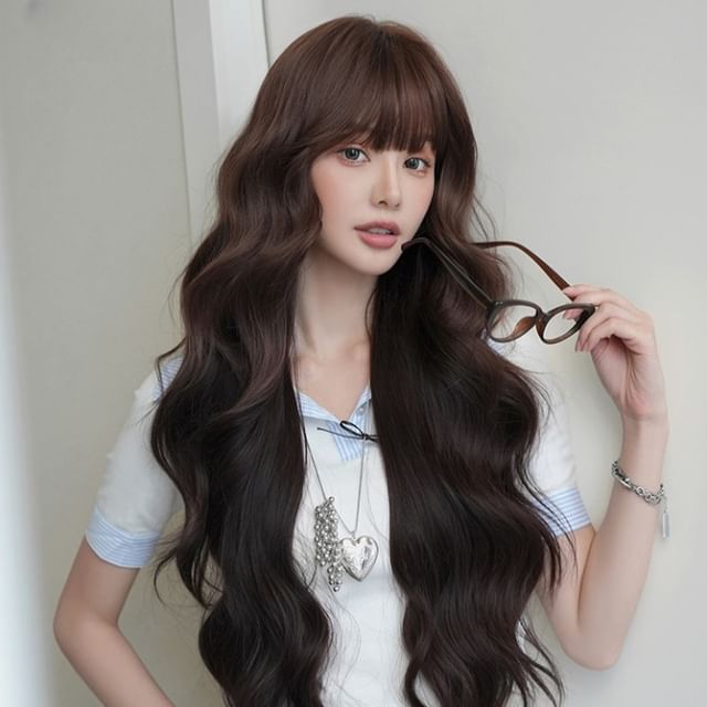 SEVENQ-Long Full Wig - Wavy with Bangs