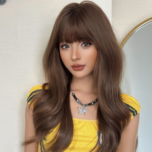 SEVENQ-Long Full Wig - Wavy with Bangs