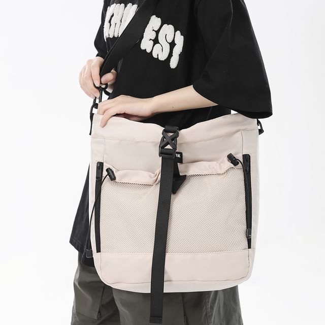 SEVENZ STUDIO-Buckled Drawstring Mesh Panel Nylon Crossbody Bag