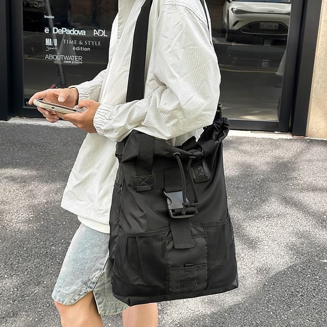 SEVENZ STUDIO-Buckled Drawstring Mesh Panel Nylon Tote Bag