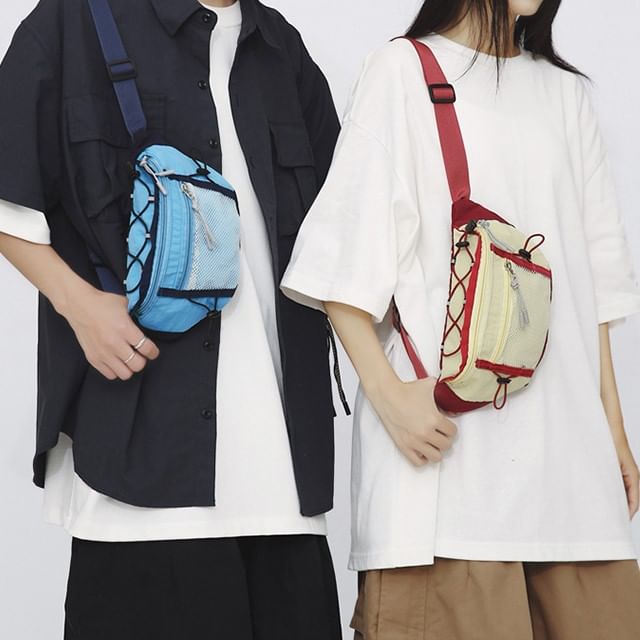 SEVENZ STUDIO-Drawstring Mesh Panel Nylon Belt Bag